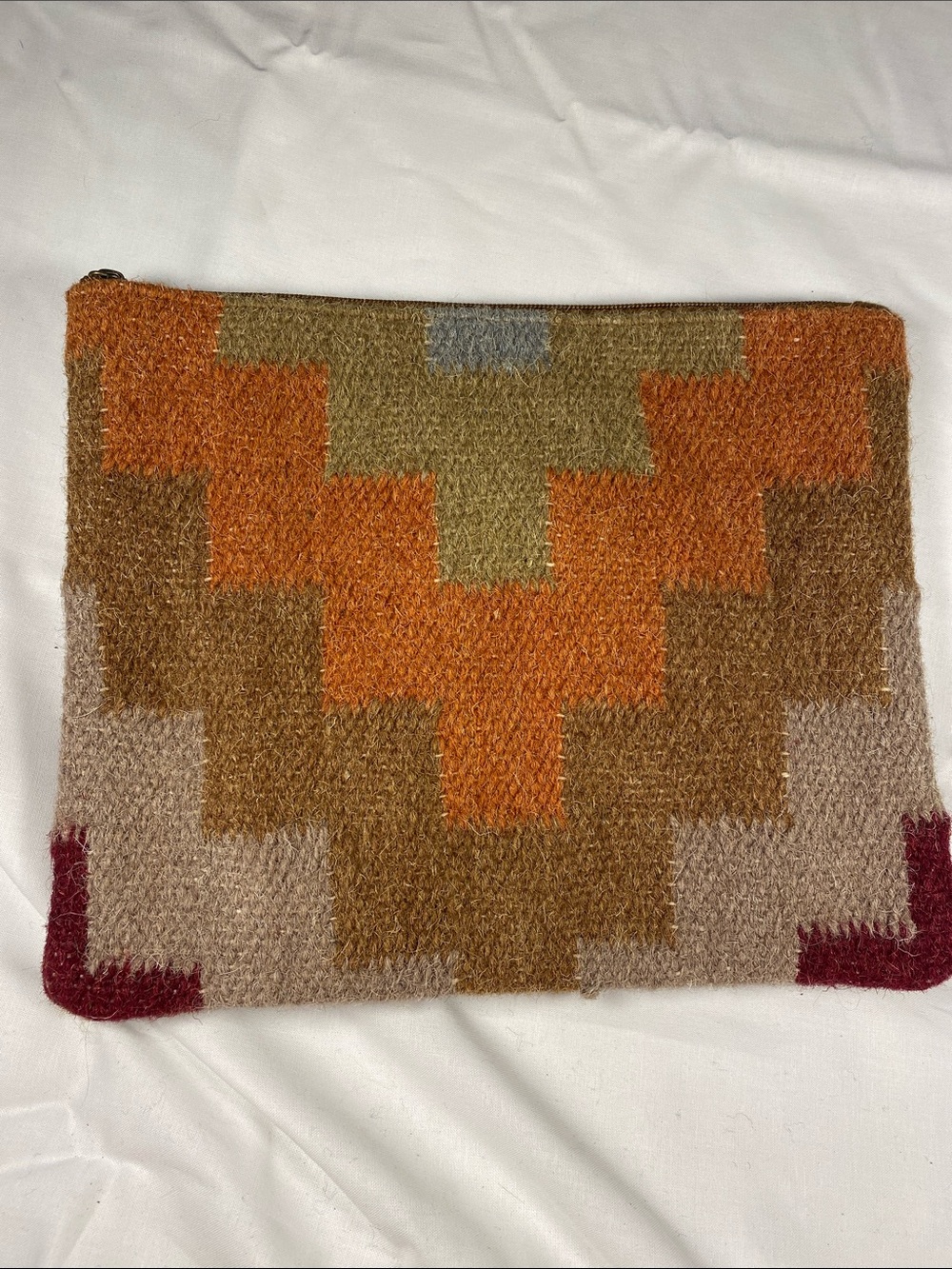 Kilim Wool Geometric Zip Pouch - Orange, Brown & Cream - iPad Clutch